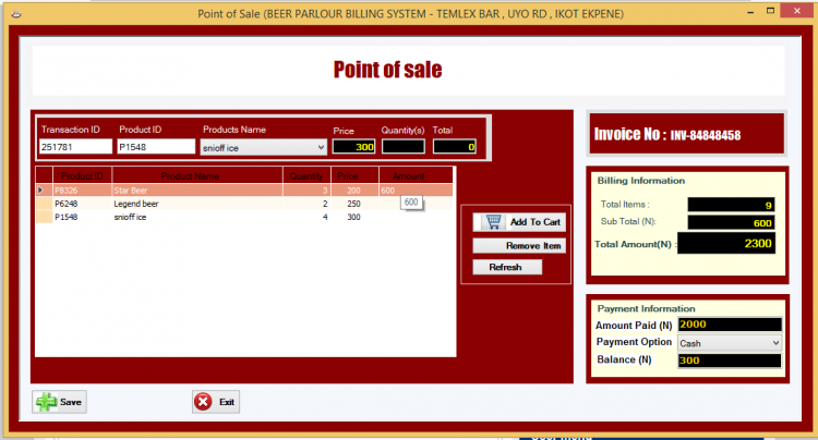 Beer Parlour Billing System using VB.NET 